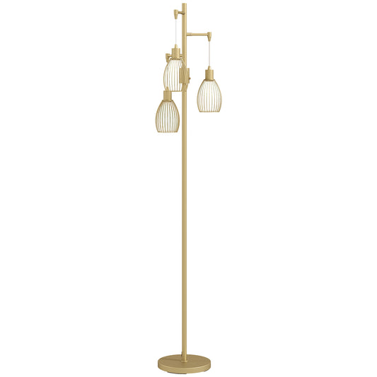 HOMCOM 3-Light Floor Lamp, 170cm Industrial Dimmable Standing Lamp with Steel Wire Cage Lampshades for Living Room, Bedroom, Dining Room, Study, Bulb Not Included, Gold Tone