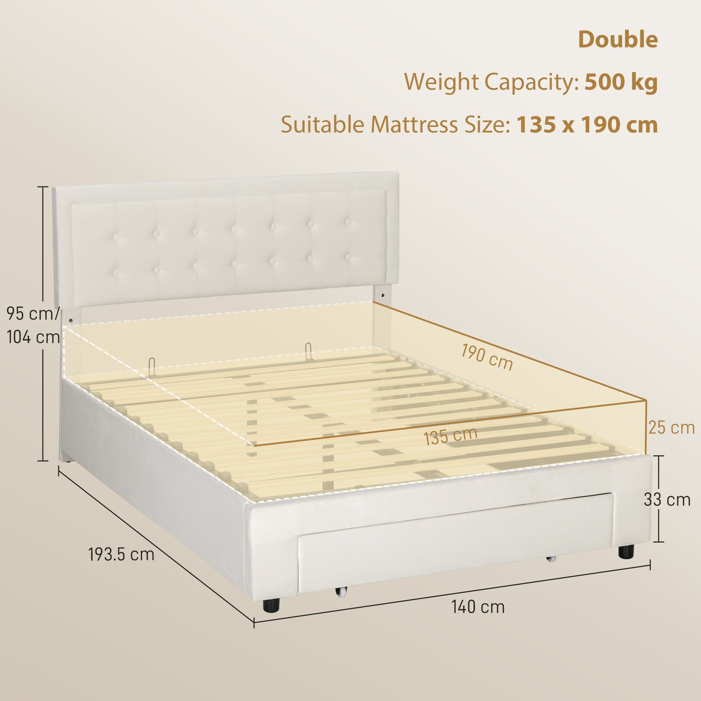 HOMCOM Double Ottoman Bed Frame, with Front Drawer - Cream-Beds & Bed Frames-ChewyGames-ChewyGames