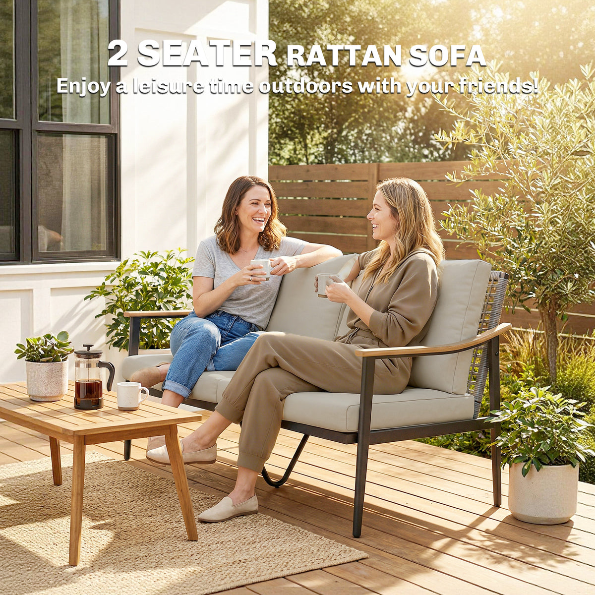 Outsunny 2 Seater Rattan Sofa, Outdoor Garden Sofa with Wood-Effect Armrests, Cushions for Patio, Balcony, Khaki
