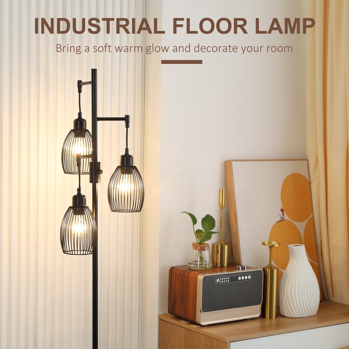 HOMCOM 3-Light Floor Lamp, 170cm Industrial Dimmable Standing Lamp with Steel Wire Cage Lampshades for Living Room, Bedroom, Dining Room, Study, Bulb Not Included, Black
