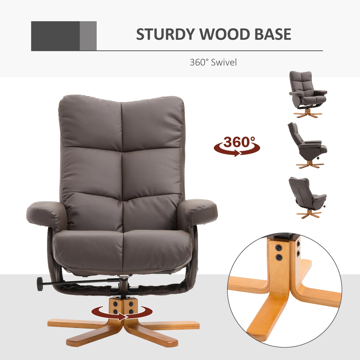 HOMCOM PU Leather Swivel Recliner Chair with Footstool, Wooden Base and Storage for Living Room, Brown