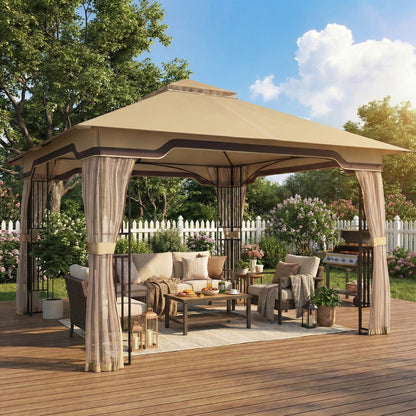 Outsunny 3.3 x 3.3 m Outdoor Garden Gazebo with Post Shelves, UPF50+ Patio Permanent Pavilion with Hook, Khaki