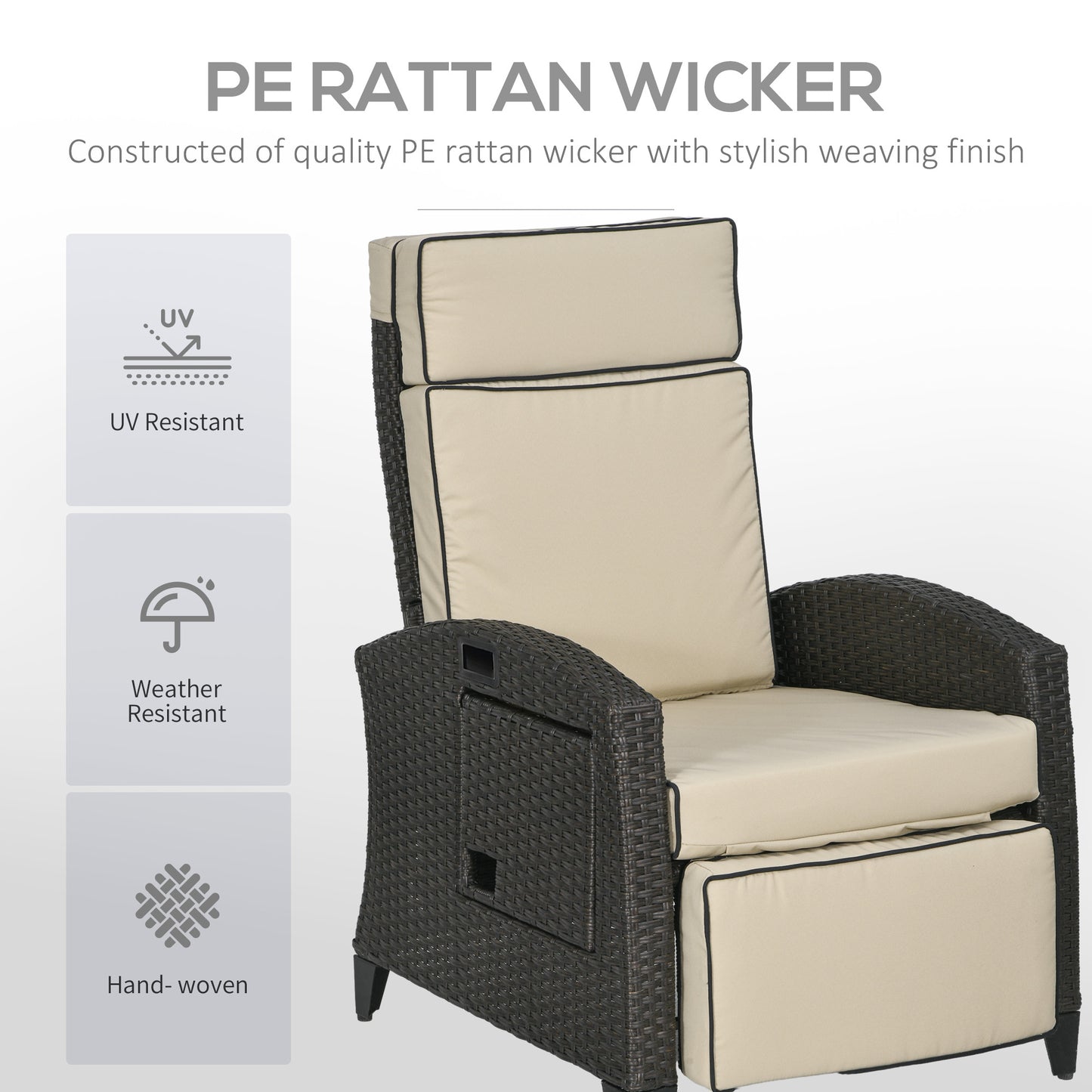 Outsunny Outdoor Recliner Chair with Adjustable Backrest and Footrest, Cushion, Side Tray, Khaki/Brown