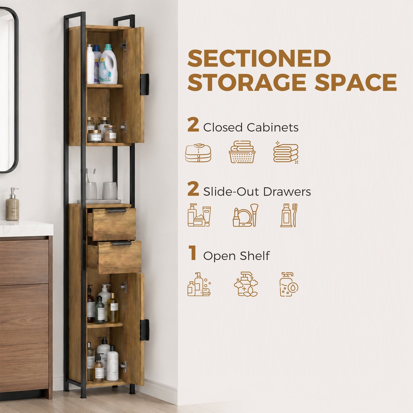 HOMCOM Freestanding Bathroom Cabinet, Tall Bathroom Storage Cabinet with Drawers and Shelves, Linen Storage, Brown