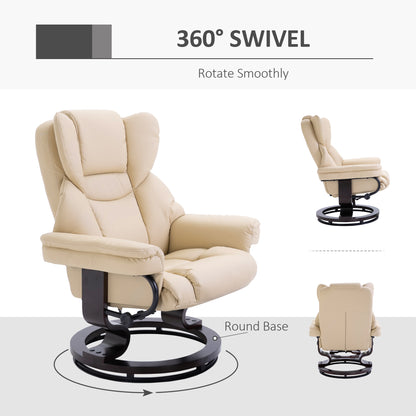 HOMCOM 360° Swivel Recliner Chair with Footstool, PU Leather Manual Recliner Armchair with Footstool, Solid Wood Base, Upholstered Reclining Chair for Living Room, Bedroom, Office, Cream