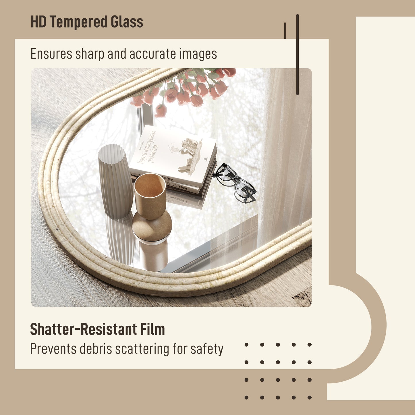 HOMCOM Arched Wall Mirror with Grooved Edge & Hooks, Wall-Mounted Mirror, Modern Tempered Glass & Polystyrene Beige