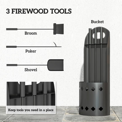 Outsunny 4 Pieces Fireplace Companion Set, Metal Fireplace Accessories Fireside Companion Set with Broom, Shovel, Poker, Bucket, Black