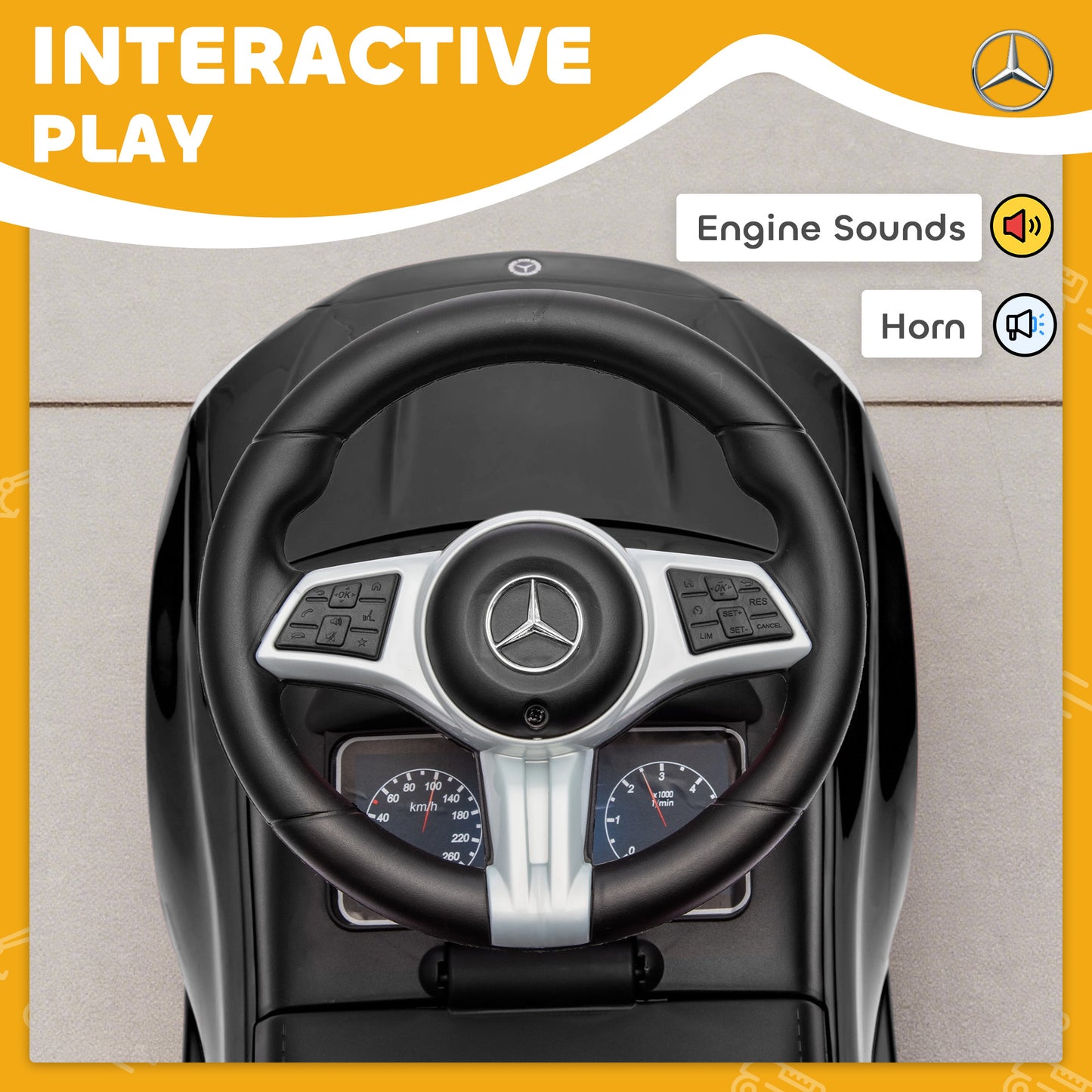 AIYAPLAY Official Mercedes-Benz Ride On Car, Foot to Floor Sliding Walker with Horn, Engine Sounds and Under-Seat Storage, Black