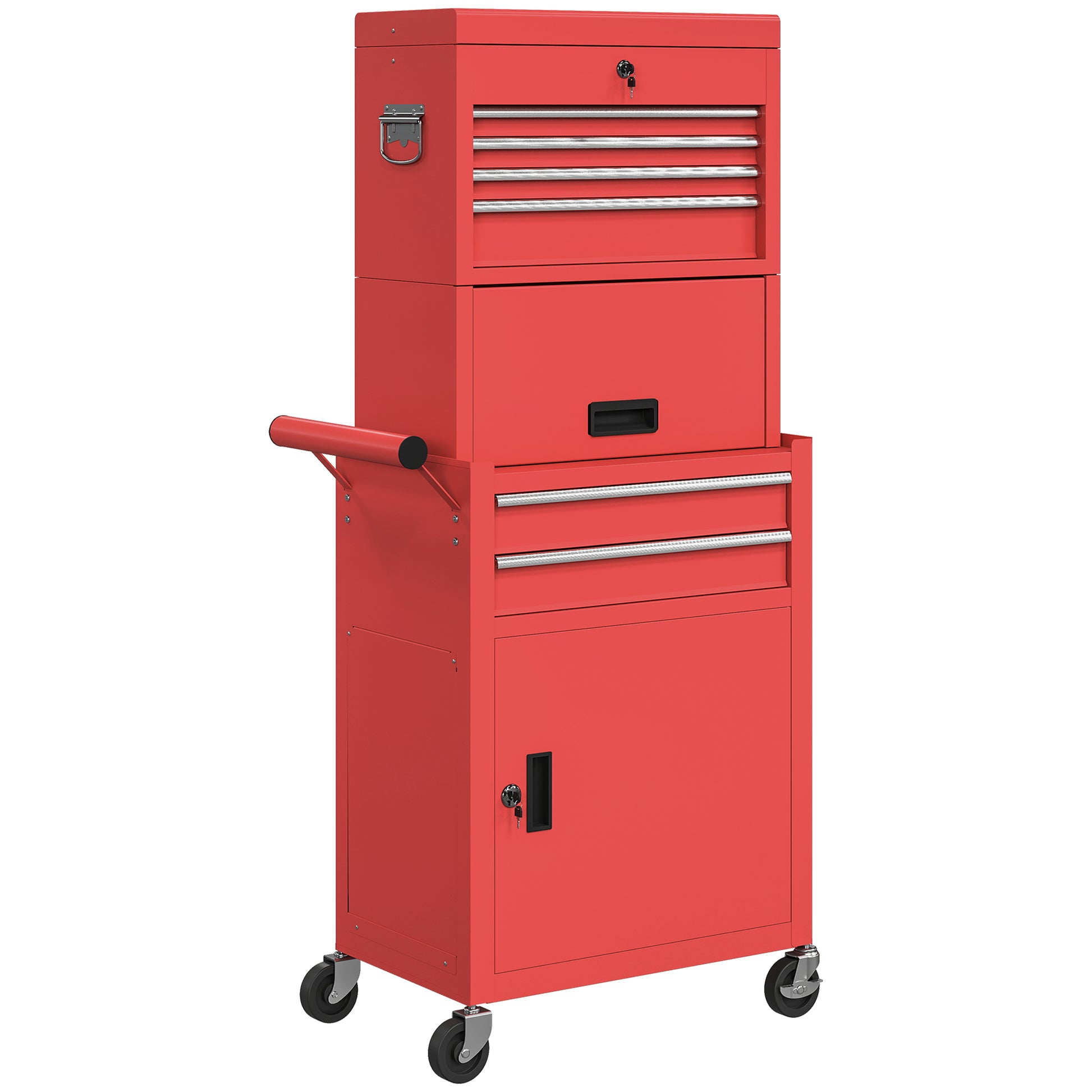 HOMCOM Three-Part Steel Locking Tool Chest - Red-Rolling Cabinets & Chests-ChewyGames-ChewyGames