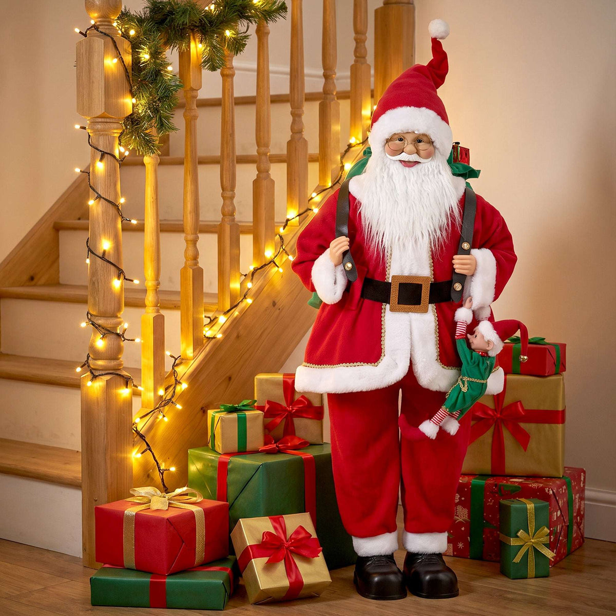 HOMCOM 4ft Singing Dancing Santa Claus, Standing Christmas Animated Santa Figure with Sack, Hanging Elf, Sound/Touch Activated