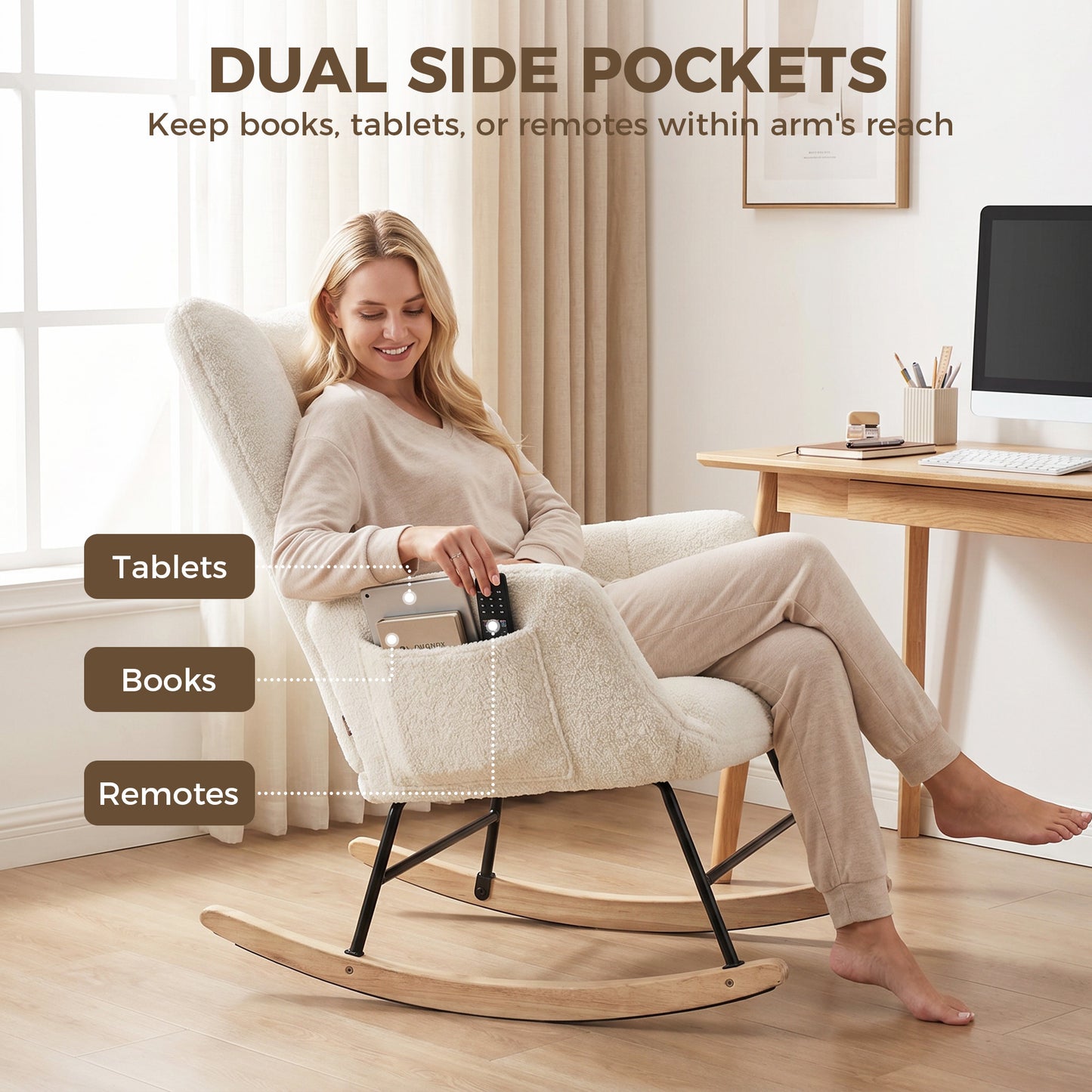 HOMCOM Rocking Chair, Teddy Fleece Rocker Chair with Tufted Wingback, Side Pockets, Rubber Wood Legs, Cream White
