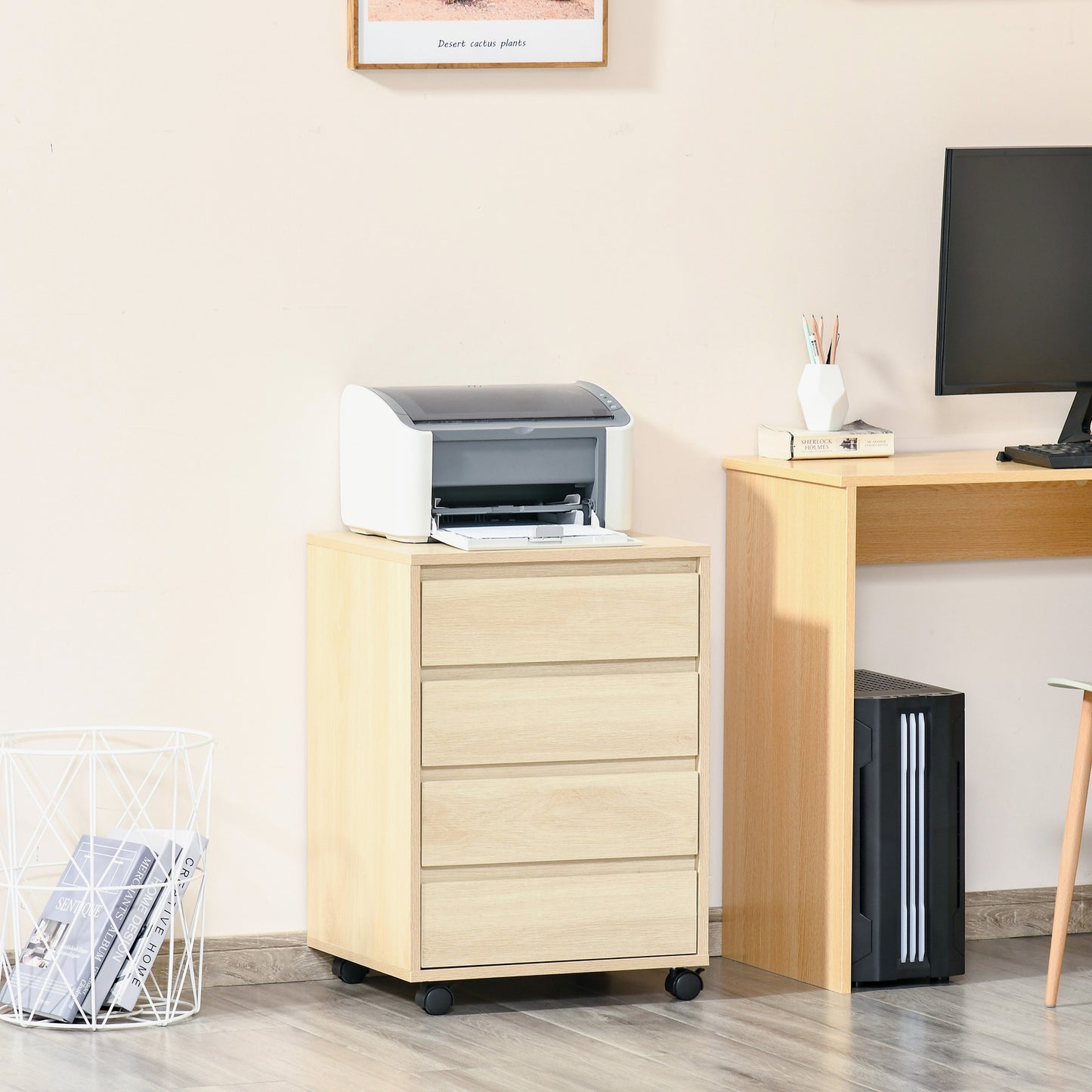 HOMCOM Four-Drawer Office Filing Cabinet, with Wheels - Natural Wood Finish