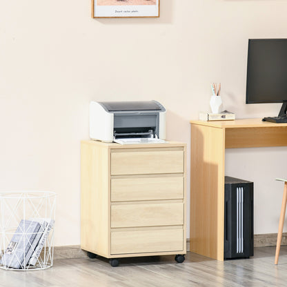 HOMCOM Four-Drawer Office Filing Cabinet, with Wheels - Natural Wood Finish