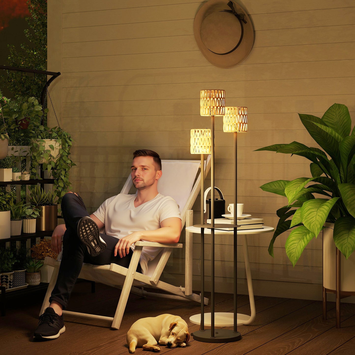Outsunny Boho Rattan Floor Lamp, 3-Lights Rattan Lamp with Shelf, Freestanding Solar Garden Light with Auto On/Off Lights, IP44 Waterproof for Porch, Pathway, Terrace, Yellow