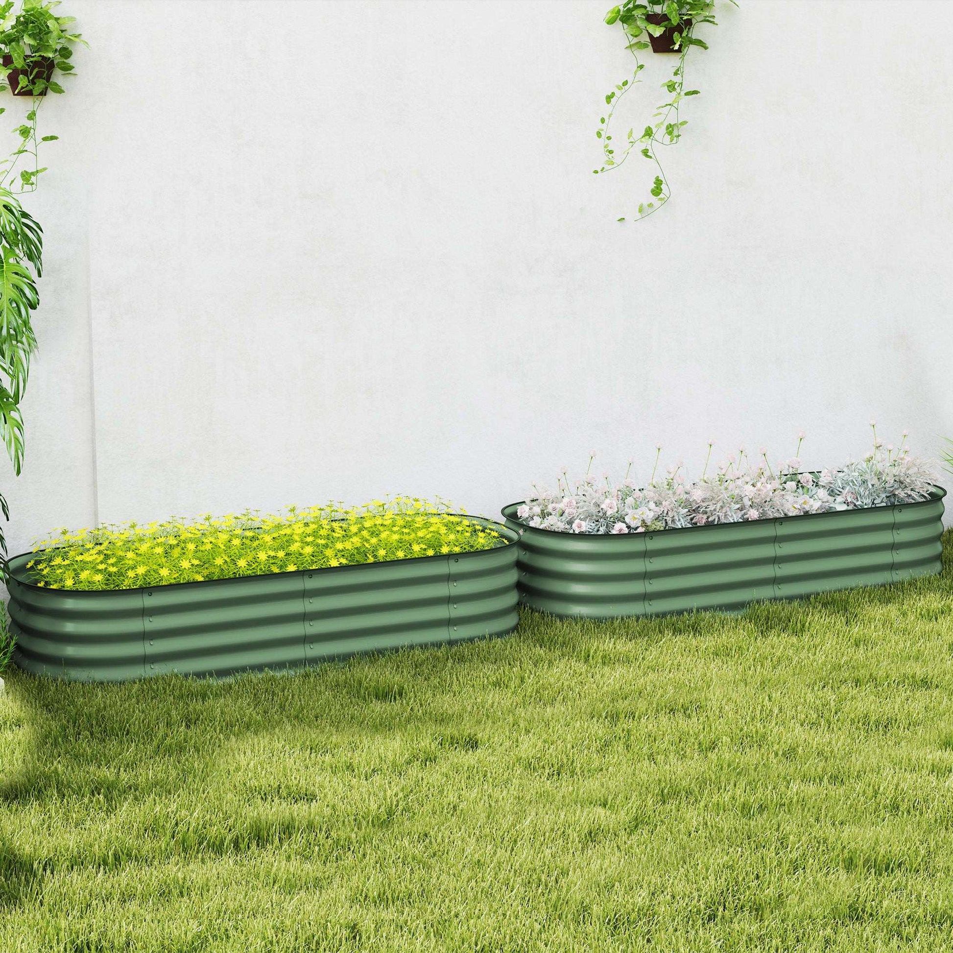 Outsunny Galvanised Raised Garden Bed, Metal Planter Box with Safety Edging, for Flowers, Herbs, Succulents, Pack of 2, Green