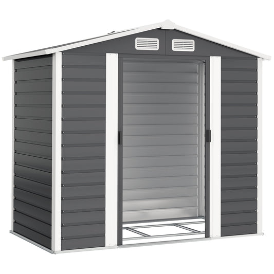 Outsunny 7 x 4ft Garden Shed, Easy to Assemble, Upgraded Galvanised Steel Frame with Foundation Kit, Double Doors with Lock, Outdoor Metal Shed with Vents and Gloves, Garden Storage Shed, Dark Grey