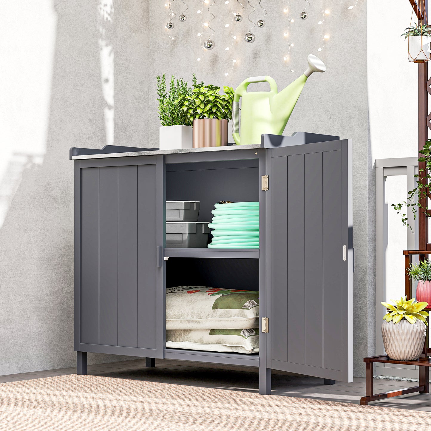 Outsunny Wood Garden Storage Cabinet, Outdoor Tool Shed, Potting Bench Table with galvanised Top and Two Shelves for garden Tools or Pool Accessories, Grey