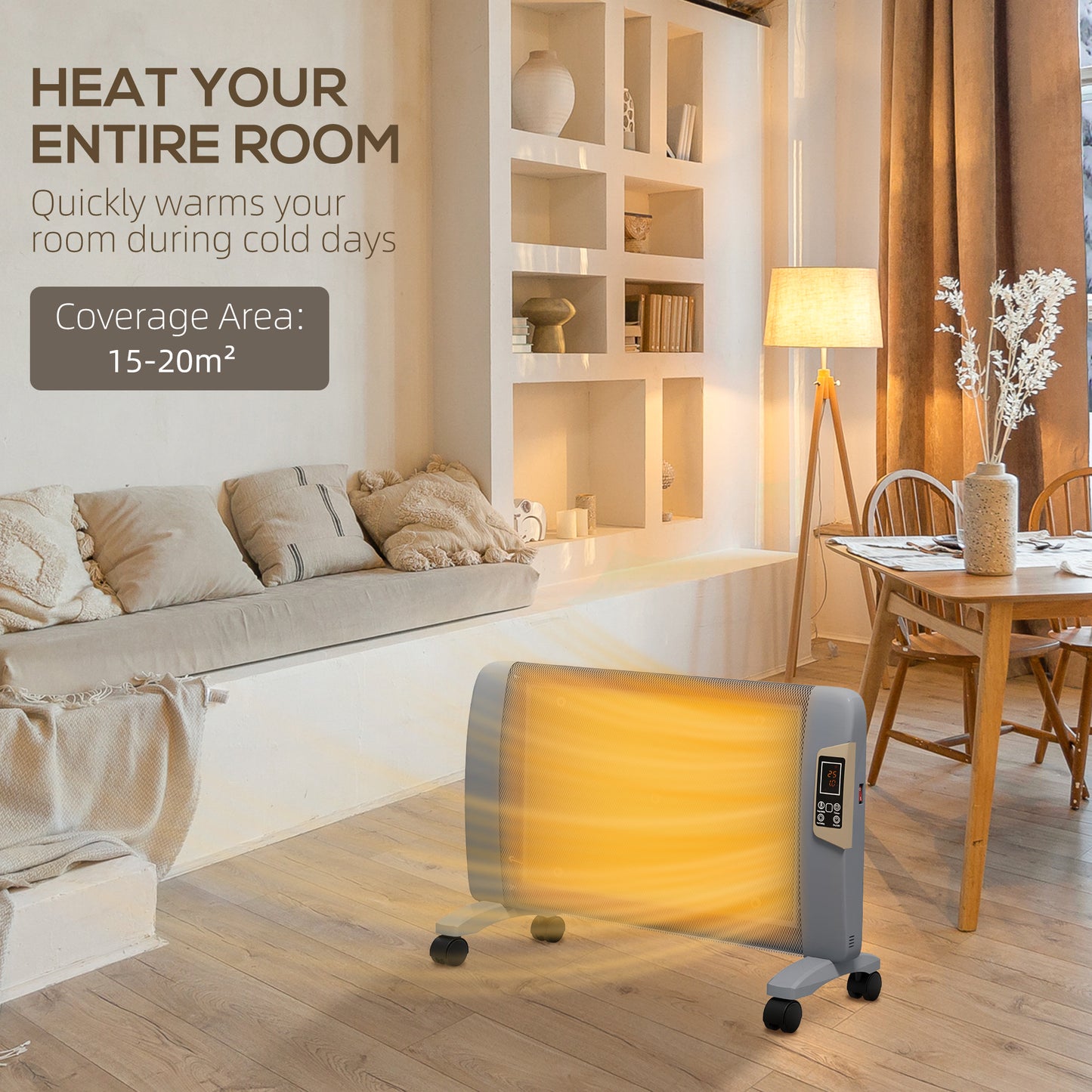 HOMCOM Mica Electric Space Heater, Portable Heater for Home with 2 Heat Settings, Living Room, Study, Garage, Adjustable Temperature 18-30°C, 1000W/2000W, Grey