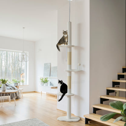 PawHut 225-255 cm Adjustable Cat Climbing Tower with Sisal Scratching Posts, 2 Hanging Play Balls and Anti-Tip Strap, Beige
