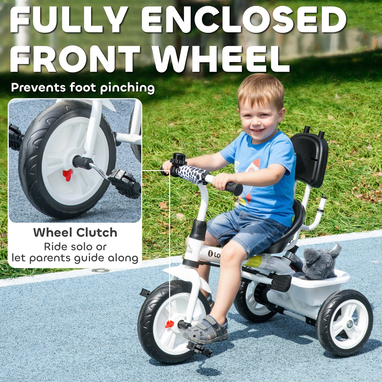 HOMCOM 6 in 1 Tricycle for Kids with 5-point harness straps, Removable Canopy, White