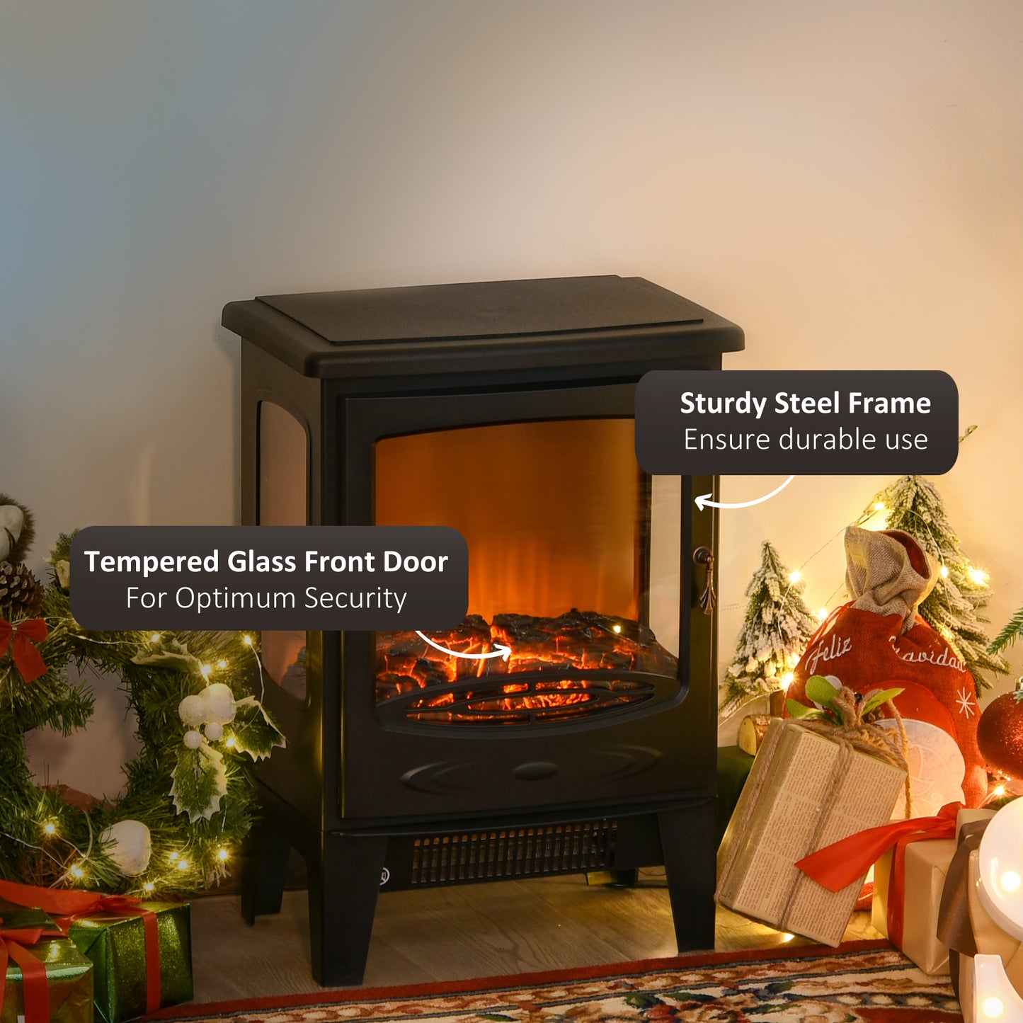 HOMCOM 900W/1800W Freestanding Electric Fireplace Room Heater w/ Adjustable Artificial Flame 3-Sided Tempered Glass Panels Safe Home Warmth Retro Faux Fire