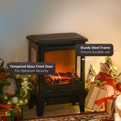 HOMCOM 900W/1800W Freestanding Electric Fireplace Room Heater w/ Adjustable Artificial Flame 3-Sided Tempered Glass Panels Safe Home Warmth Retro Faux Fire