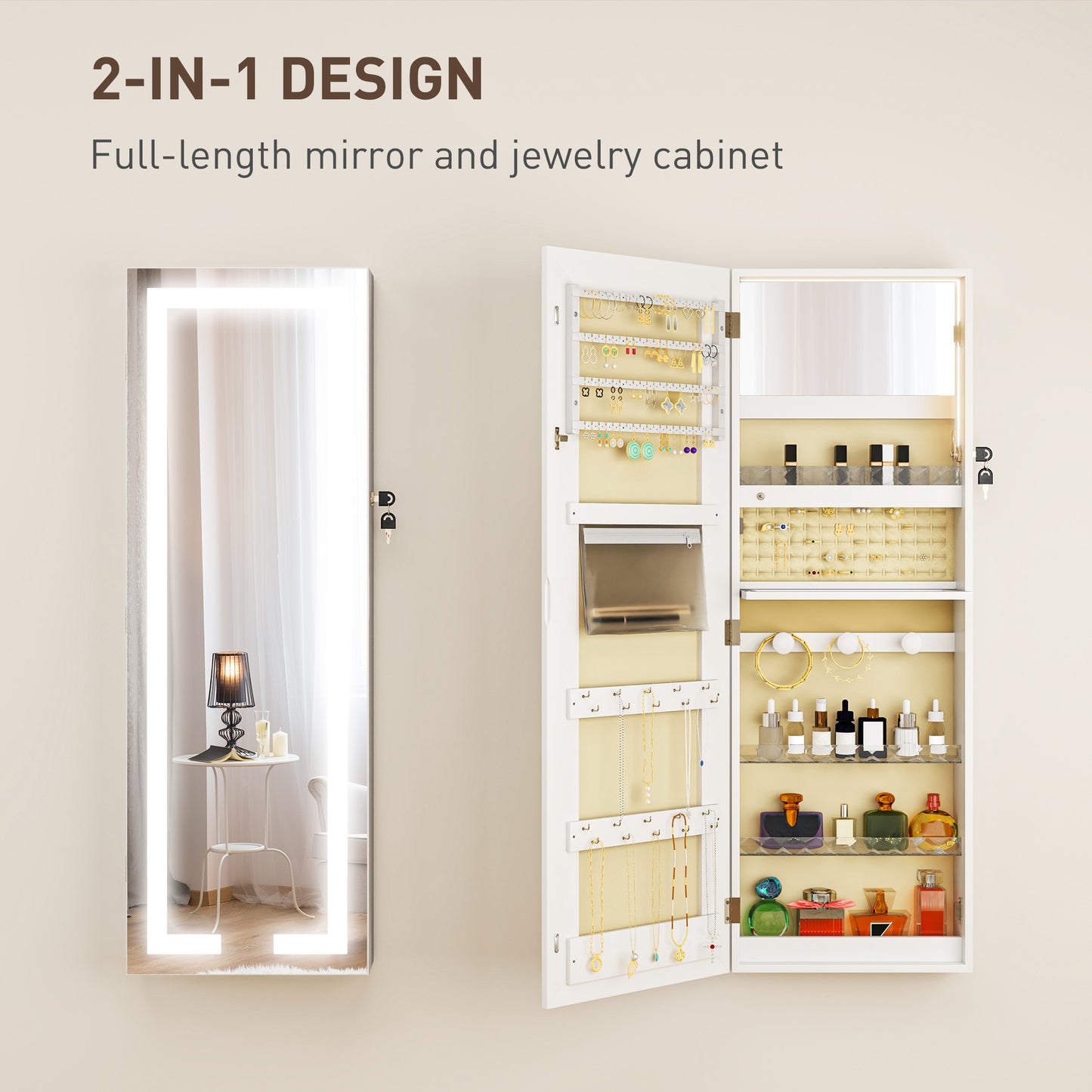 HOMCOM LED Mirror Jewellery Cabinet, Wall Mounted Full Length Mirror with Storage, Lockable Jewellery Organiser, White