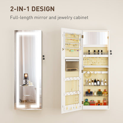 HOMCOM LED Mirror Jewellery Cabinet, Wall Mounted Full Length Mirror with Storage, Lockable Jewellery Organiser, White