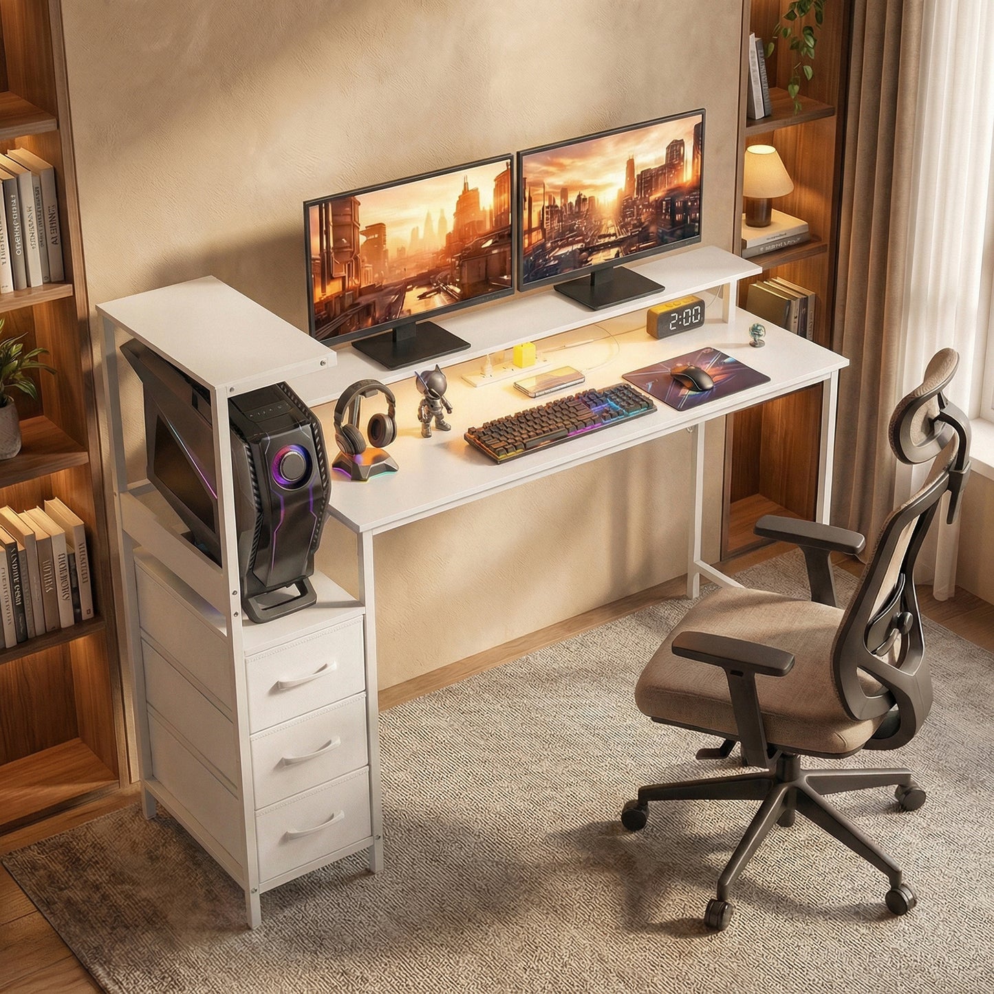 HOMCOM 147cm Gaming Desk with Charging Station and Monitor Stand, Computer Table for Home Office with RGB Lights, White