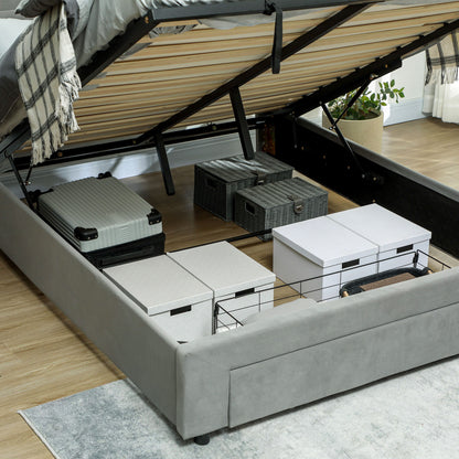 HOMCOM King Size Ottoman Bed Frame, with Front Drawer - Grey-Beds & Bed Frames-ChewyGames-ChewyGames