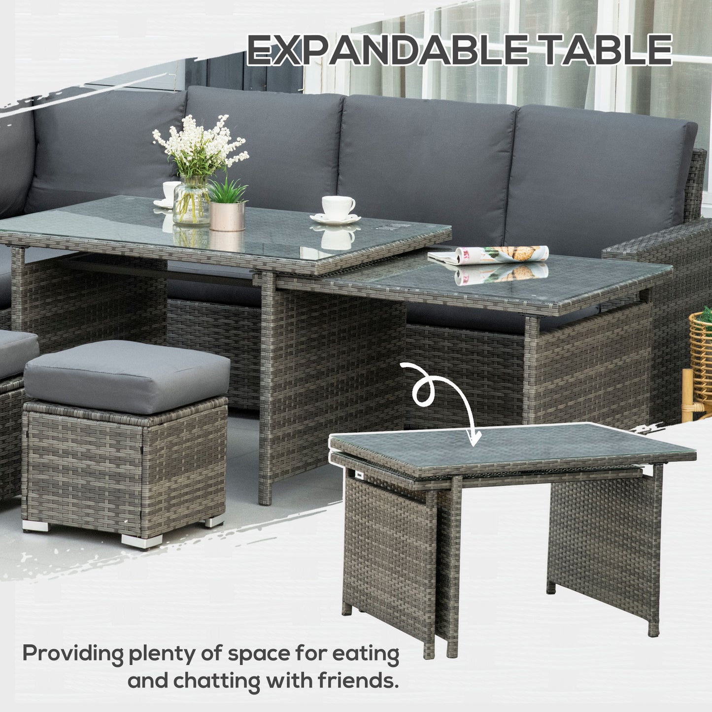 Outsunny Seven-Piece Rattan Garden Sofa Set, with Expanding Table - Grey--ChewyGames-ChewyGames