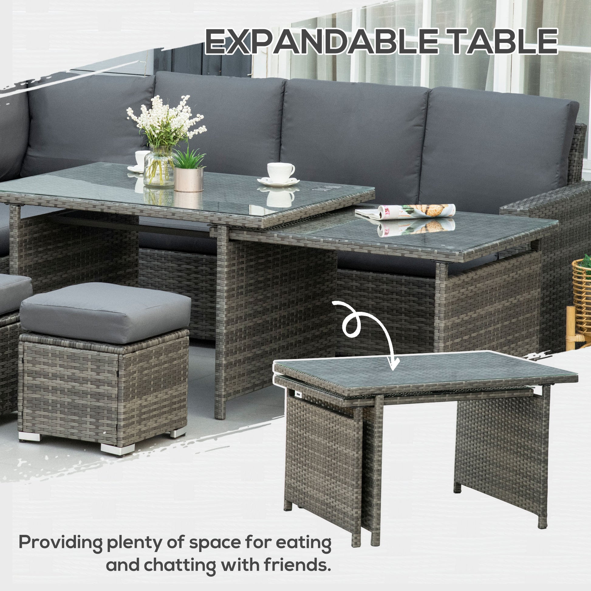 Outsunny Seven-Piece Rattan Garden Sofa Set, with Expanding Table - Grey--ChewyGames-ChewyGames