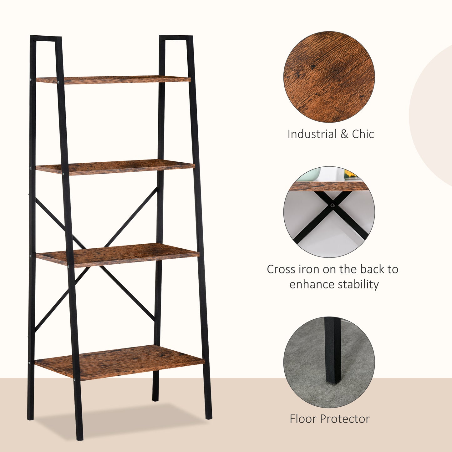 HOMCOM Ladder Shelf, Bookshelf, 4-Tier Industrial Storage Rack for Living Room, Bedroom, Kitchen, Rustic Brown and Black