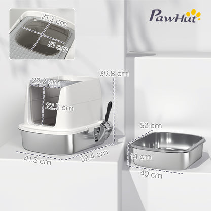 PawHut Large Stainless Steel Litter Box, Enclosed Metal Cat Litter Tray with Scoop, Deodoriser Bag, Front-Entry and Top-Exit