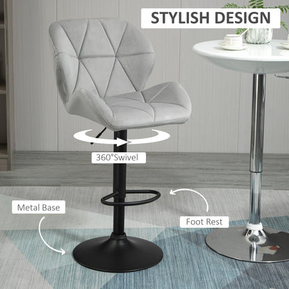 HOMCOM Bar Stools Set Of 2, Luxurious Velvet-Touch Barstools with Metal Frame Footrest Round Base Triangle Indenting Moulded Seat Adjustable Height Swivel Light Grey