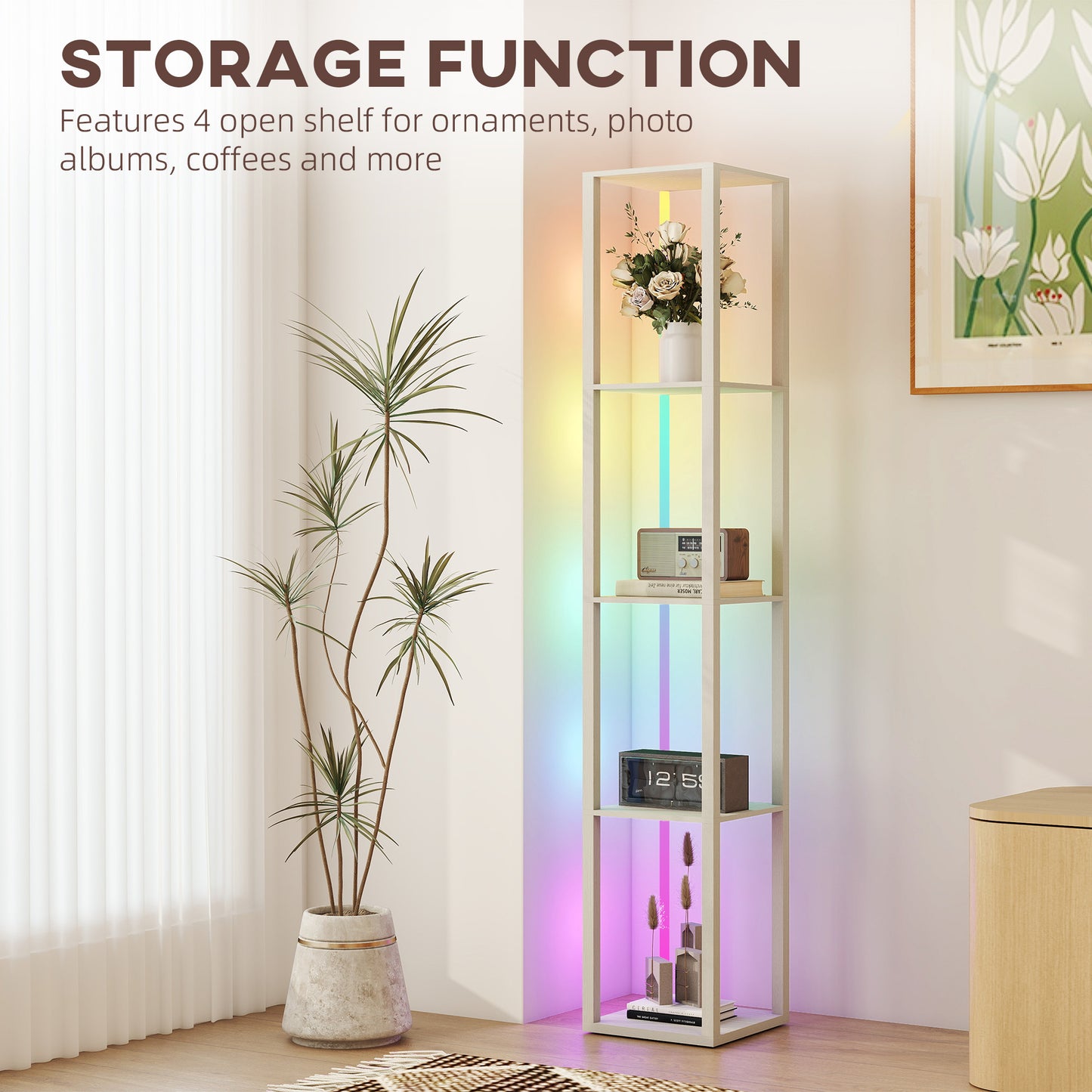 HOMCOM RGB LED Floor Lamp with Shelves, Modern Dimmable Standing Lamp with Remote Control, Adjustable Brightness & Speed for Living Room, Bedroom, Office, Oak