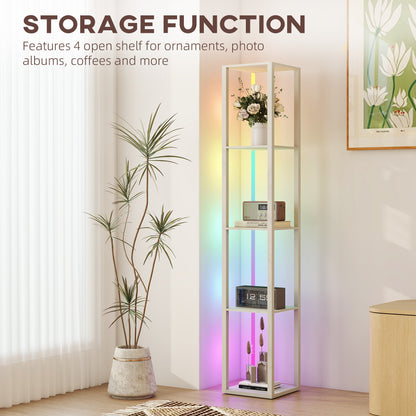 HOMCOM RGB LED Floor Lamp with Shelves, Modern Dimmable Standing Lamp with Remote Control, Adjustable Brightness & Speed for Living Room, Bedroom, Office, Oak