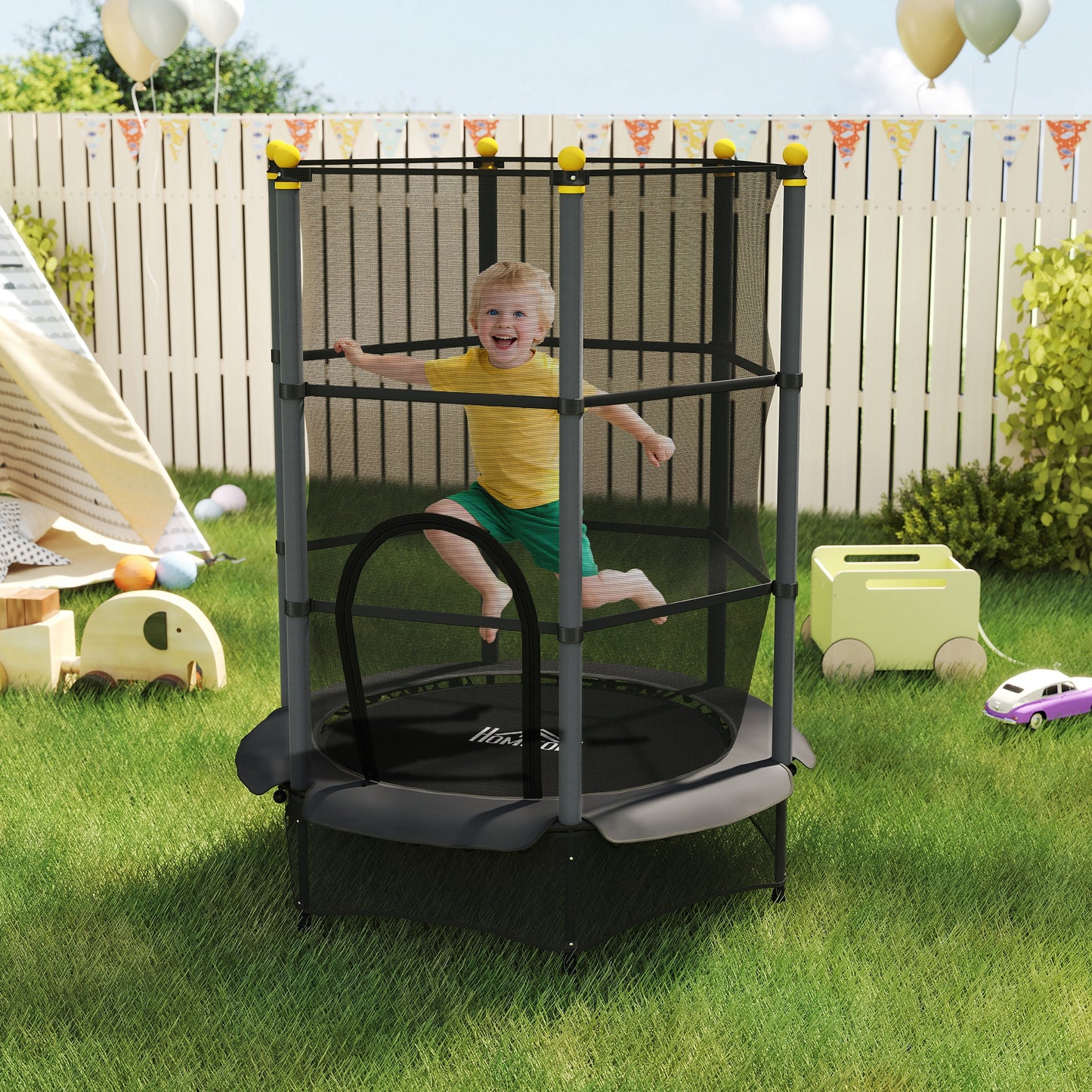 HOMCOM 4.6FT/55" Kids Trampoline with Enclosure Net, Outdoor Indoor Use, for Ages 3-10 Years, Black
