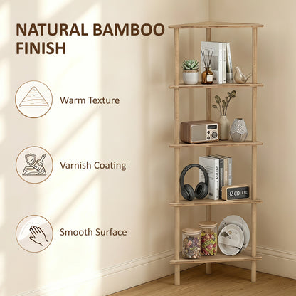HOMCOM Bamboo Storage Shelf, 5-tier Corner Shelf, Freestanding Shelving Unit for Living Room, Home Office, Natural Wood Finish