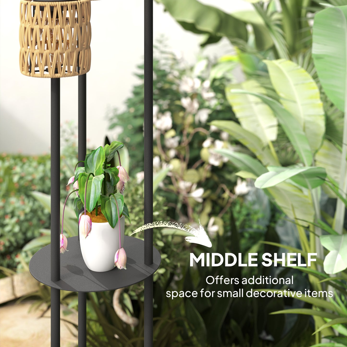 Outsunny Boho Rattan Floor Lamp, 3-Lights Rattan Lamp with Shelf, Freestanding Solar Garden Light with Auto On/Off Lights, IP44 Waterproof for Porch, Pathway, Terrace, Yellow