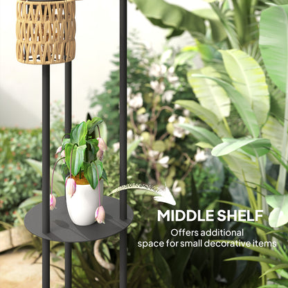 Outsunny Boho Rattan Floor Lamp, 3-Lights Rattan Lamp with Shelf, Freestanding Solar Garden Light with Auto On/Off Lights, IP44 Waterproof for Porch, Pathway, Terrace, Yellow