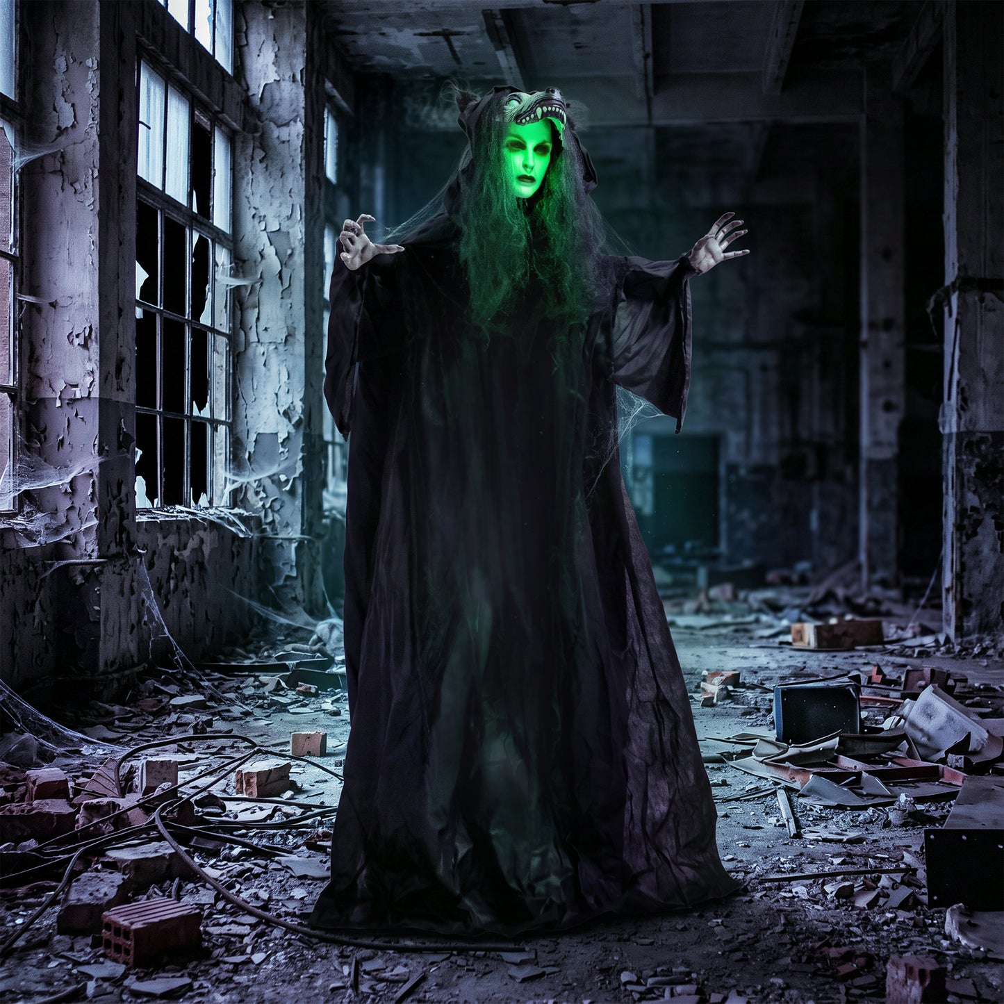 HOMCOM 67"/170cm Life Size Animated Ghost with Werewolf Mask, Halloween Decorations Outdoor Indoor, Scary Halloween Animatronic