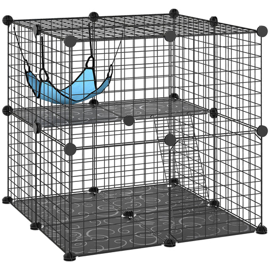 PawHut Indoor Cat Cage DIY Customizable 2-Tier Indoor Cat Enclosure with 2 Doors and Hammock 70 cm Black