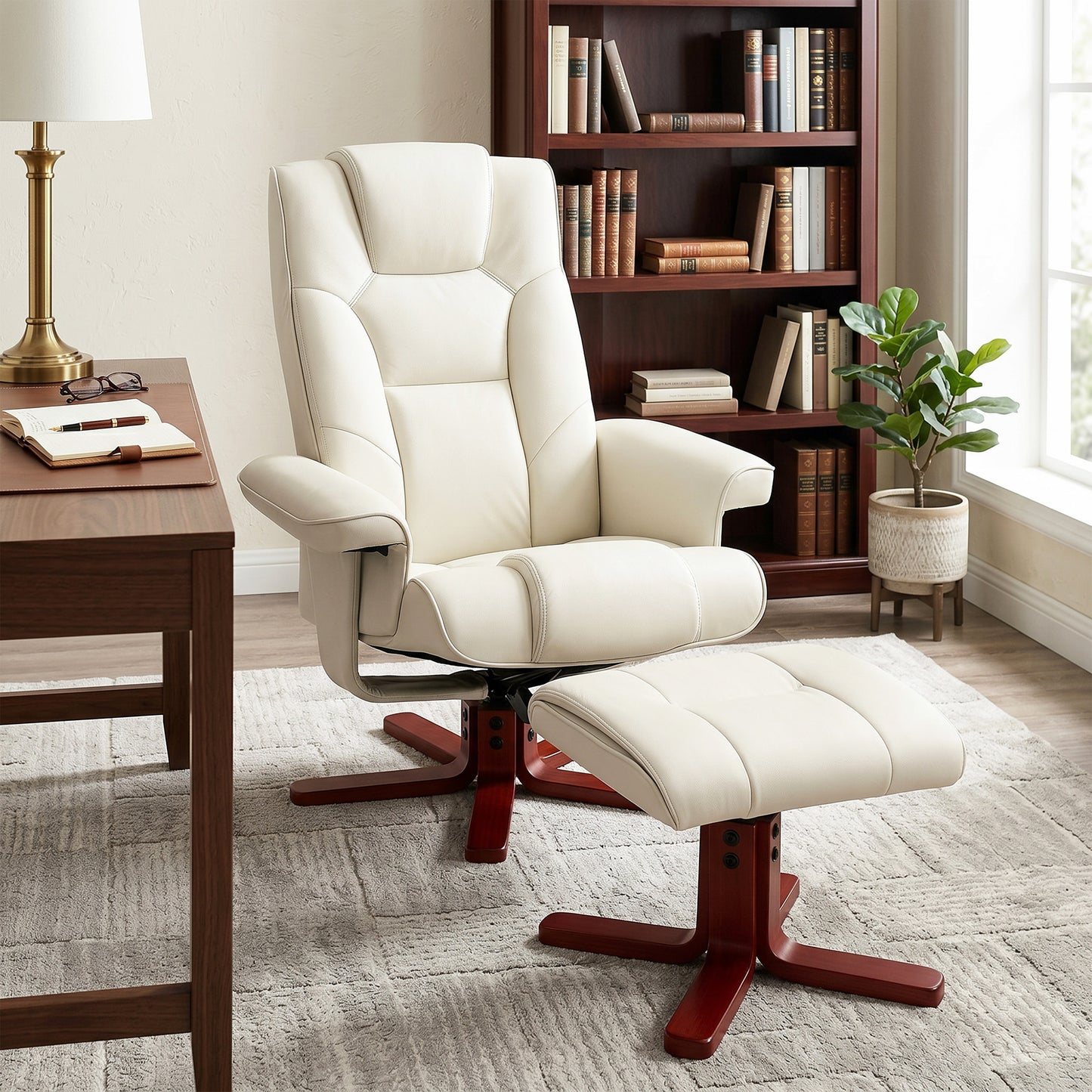 HOMCOM Faux Leather Manual Recliner and Footstool Set - Cream White