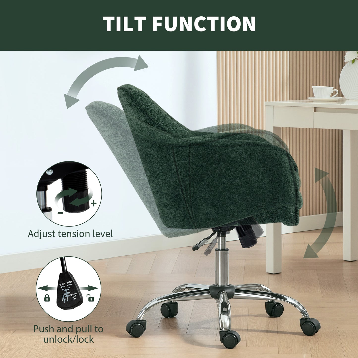 HOMCOM Snow Flannel Office Chair with Padded for Home - Dark Green