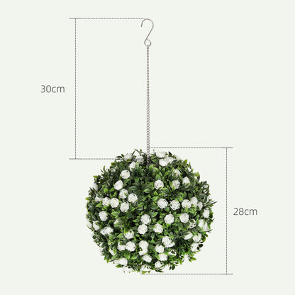 HOMCOM Set of 2 Decorative Artificial Plants, UV-protected Artificial Plant Topiary Rose Balls, Fake Plants for Home Indoor outdoor Decor, 28cm, White-Artificial Non-Flowering Plants-ChewyGames-ChewyGames