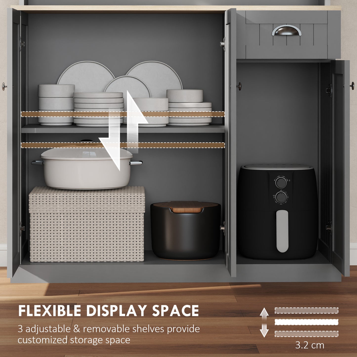 HOMCOM 180cm Freestanding Kitchen Cabinet, Modern Storage Cupboard with Open Countertop, Drawer and 6 Doors, Grey