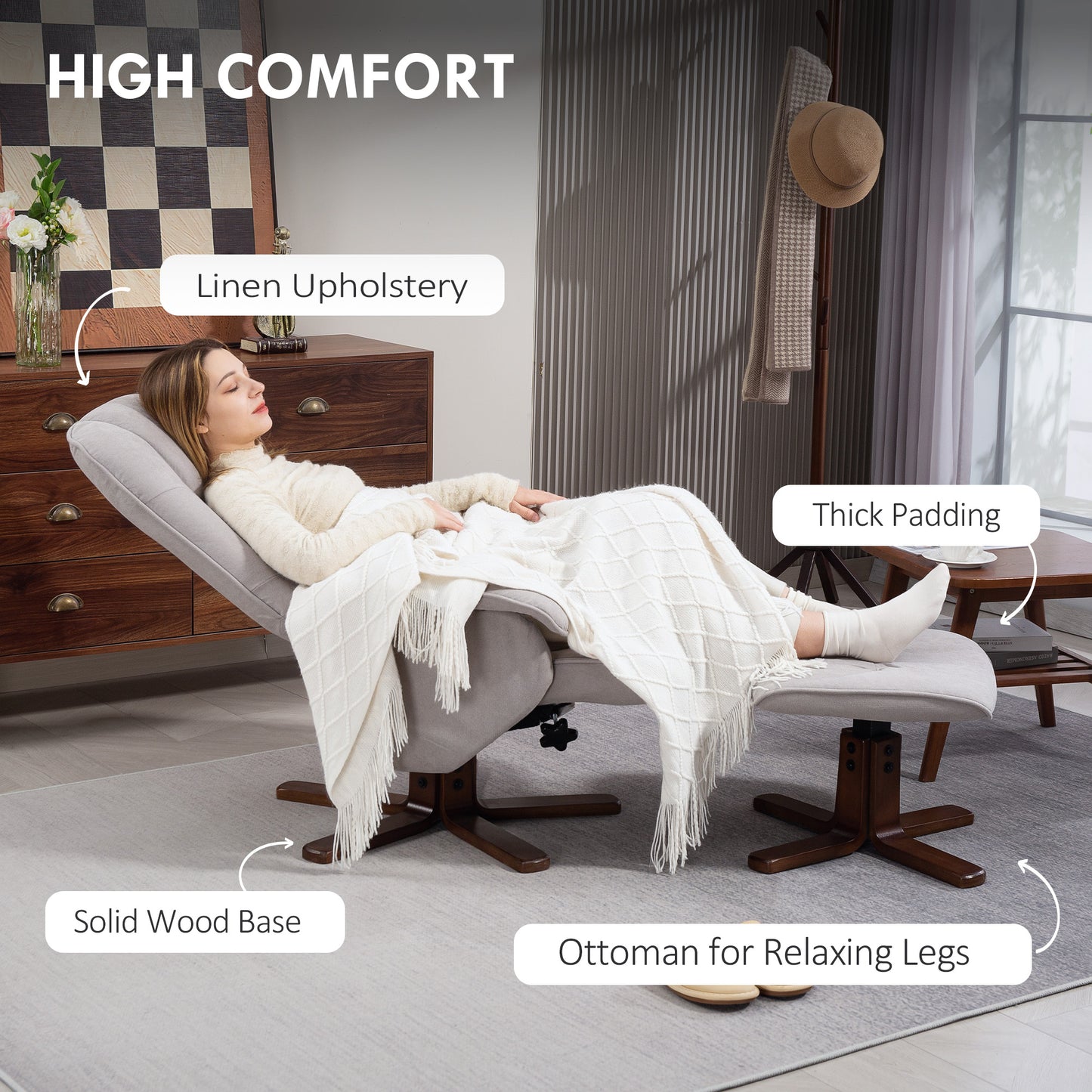 HOMCOM Linen Swivel Recliner Chair with Footstool, Upholstered Reclining Armchair with Wooden Base for Living Room, Light Grey--ChewyGames-ChewyGames
