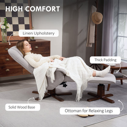 HOMCOM Linen Swivel Recliner Chair with Footstool, Upholstered Reclining Armchair with Wooden Base for Living Room, Light Grey--ChewyGames-ChewyGames