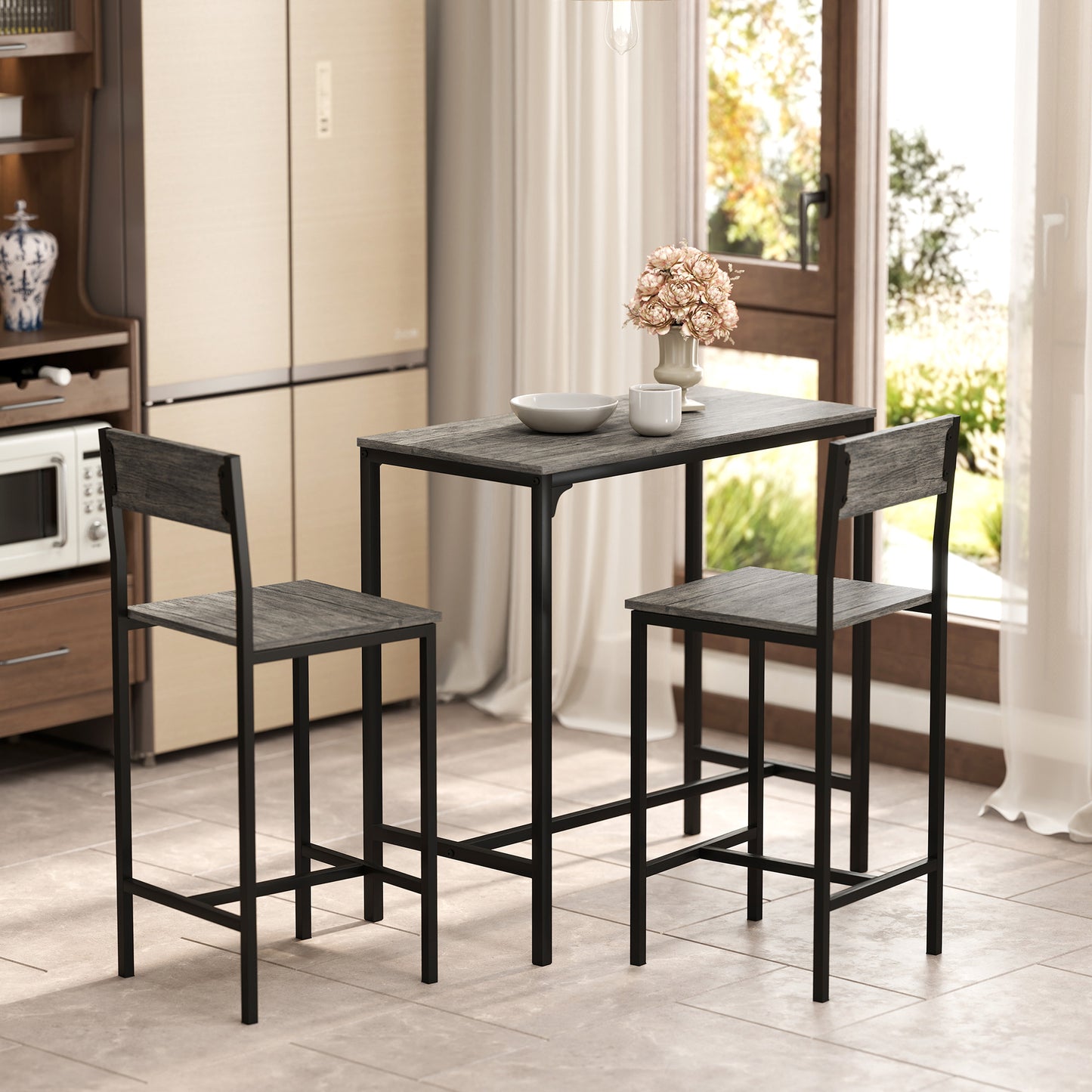 HOMCOM 3-Piece Bar Table Set with 2 Stools, Industrial Breakfast Bar Set with Footrest, Backrest for Dining Room, Small Space
